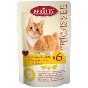 Berkley Fricasse для взрослых кошек и котов №6 (Домашняя птица с кусочками курицы и травами в соусе) 85 гр / Berkley Fricasse adult #3 (Poultry and chicken fillet with herbs in sauce) 85 gr